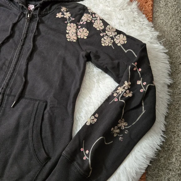 Lucky Brand Zip Up Hooded Sweatshirt Dark Gray Cherry Blossom XS - Picture 3 of 13
